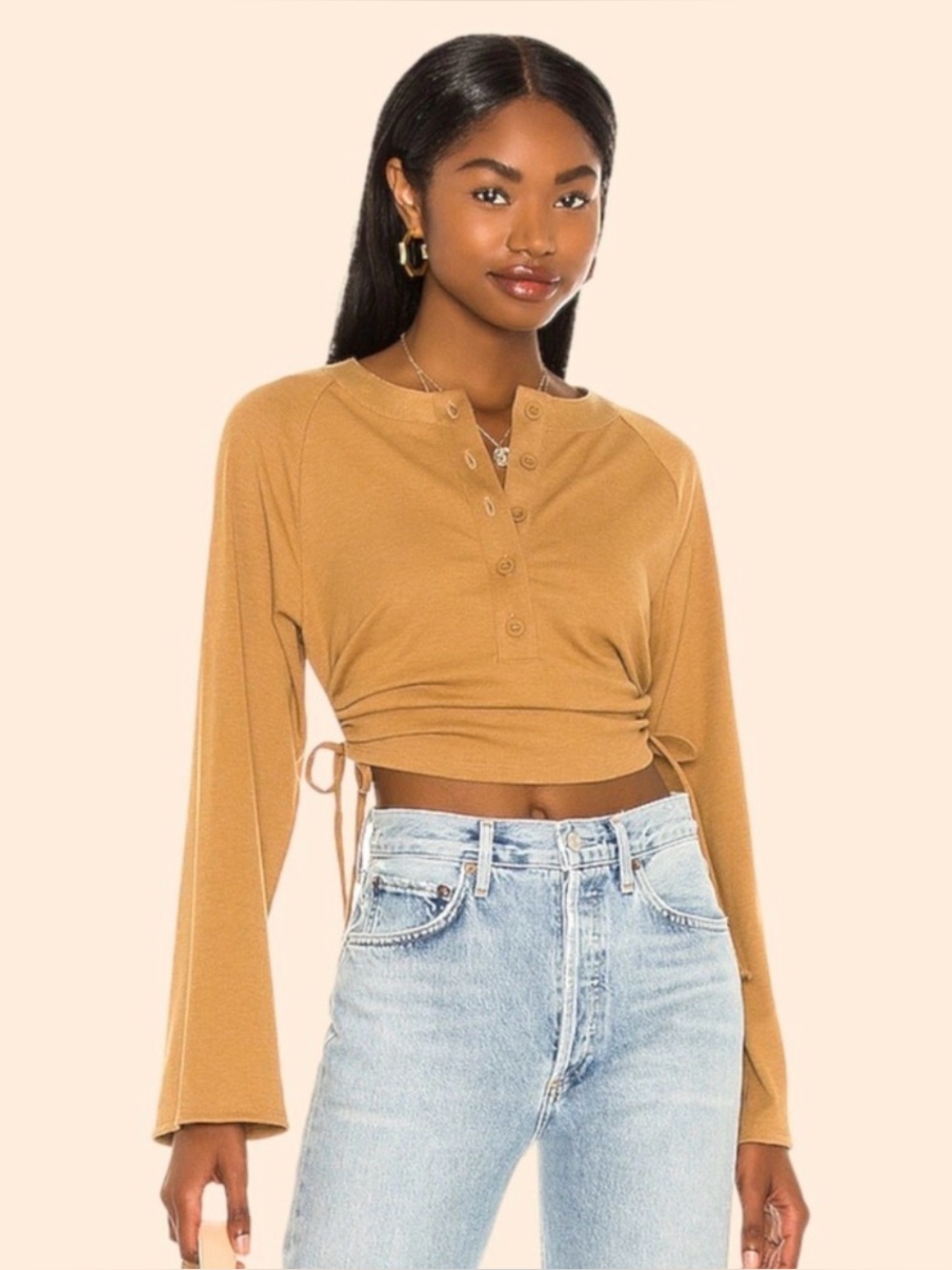 Lovers + Friends Karina ruched top, Henley buttons, cinched sides size small EUC